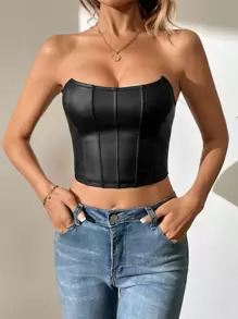 SHEIN Tall PU Zip Back Crop Tube Top - Black - View 6