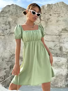 SHEIN EZwear 女士纯色方领荷叶边短泡泡袖百搭娃娃裙