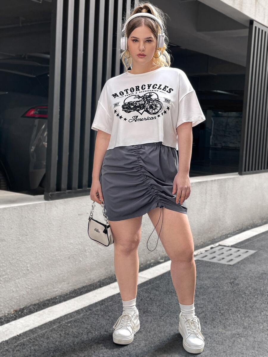 SHEIN EZwear CURVE Plus Drawstring Ruched Skirt - Dark Grey - View 1