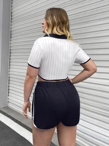 SHEIN EZwear 大碼字母和條紋印花撞色滾邊半排扣短款上衣和腰部抽繩短褲