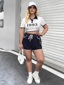 SHEIN EZwear 大碼字母和條紋印花撞色滾邊半排扣短款上衣和腰部抽繩短褲