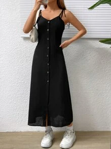 SHEIN EZwear Đầm Thắt nút Nút phía trước màu trơn Giải trí - màu đen - Xem 3