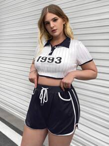 SHEIN EZwear 大碼字母和條紋印花撞色滾邊半排扣短款上衣和腰部抽繩短褲