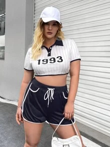 SHEIN EZwear 大碼字母和條紋印花撞色滾邊半排扣短款上衣和腰部抽繩短褲