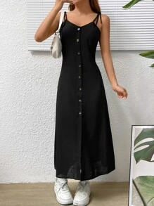 SHEIN EZwear Đầm Thắt nút Nút phía trước màu trơn Giải trí - màu đen - Xem 1