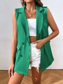 SHEIN Essnce Double Breasted Vest Blazer - Green - View 1