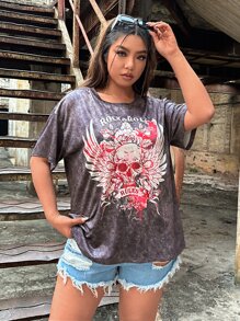 SHEIN Coolane Áo thun Plus size Lá thư Lễ Các Thánh Giải trí - Màu xám đen - Xem 7