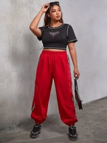 SHEIN Coolane 大碼字母織帶細節側翻蓋口袋工裝褲