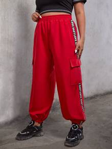 SHEIN Coolane 大碼字母織帶細節側翻蓋口袋工裝褲