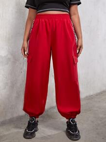 SHEIN Coolane 大碼字母織帶細節側翻蓋口袋工裝褲