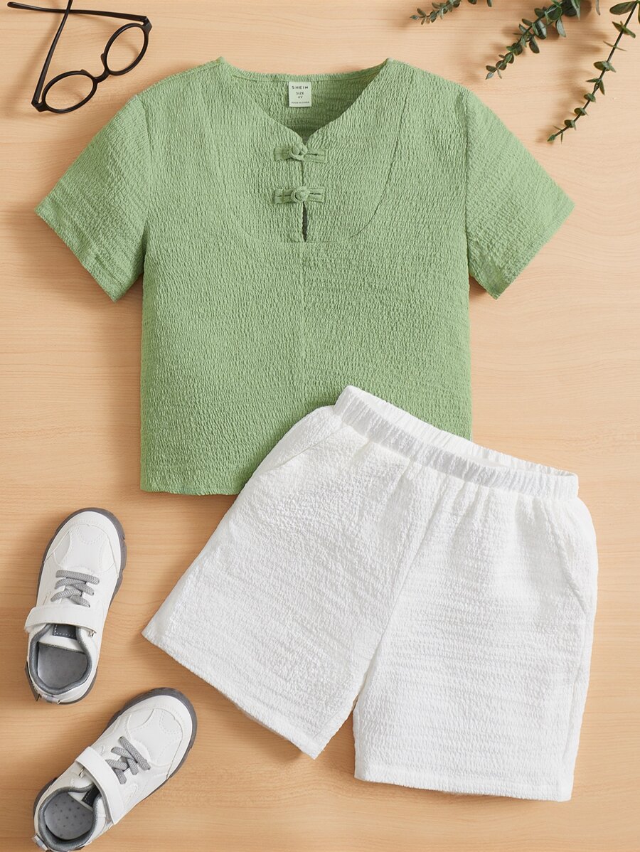 SHEIN 小男童半排扣上衣和短褲 - 彩色 - 查看 1