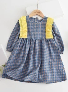 女童格子印花荷叶边飘逸袖连衣裙