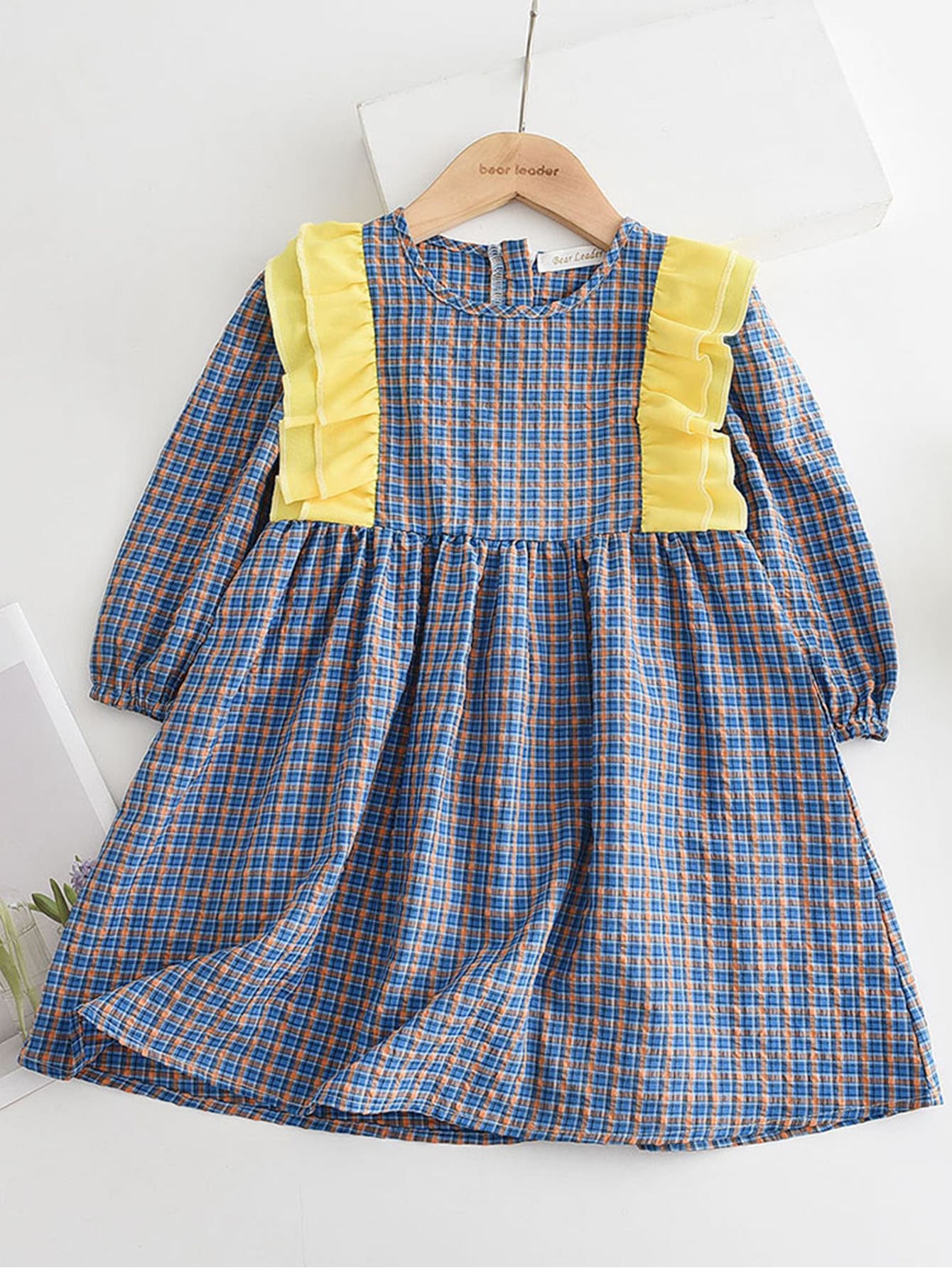 女童格子印花荷叶边飘逸袖连衣裙
