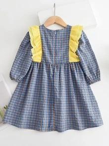 女童格子印花荷叶边飘逸袖连衣裙