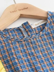 女童格子印花荷叶边飘逸袖连衣裙