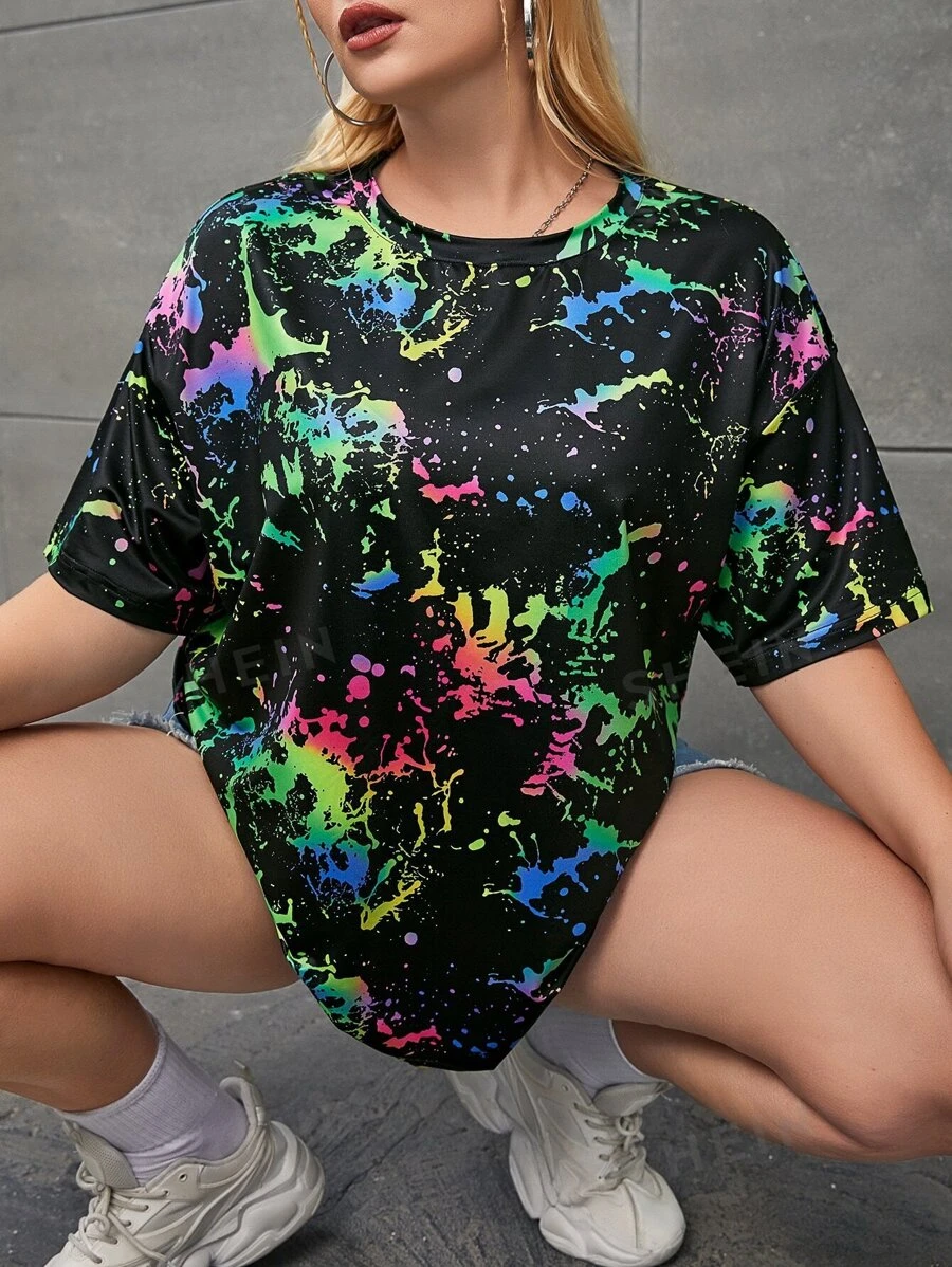 SHEIN EZwear Camiseta de hombros caídos con estampado de tinte de salpicadura - Multicolor - Ver 1