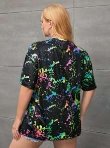 SHEIN EZwear Plus Splash Ink Print Drop Shoulder Tee