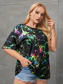 SHEIN EZwear Plus Splash Ink Print Drop Shoulder Tee