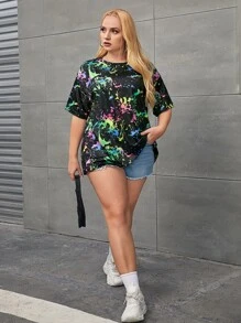 SHEIN EZwear Plus Splash Ink Print Drop Shoulder Tee