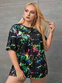 SHEIN EZwear Plus Splash Ink Print Drop Shoulder Tee
