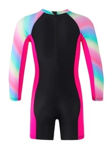 年輕女孩字母圖形漸變拉鍊後背一片式泳衣 - 彩色 - 查看 2