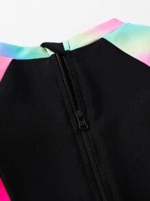 年輕女孩字母圖形漸變拉鍊後背一片式泳衣 - 彩色 - 查看 4