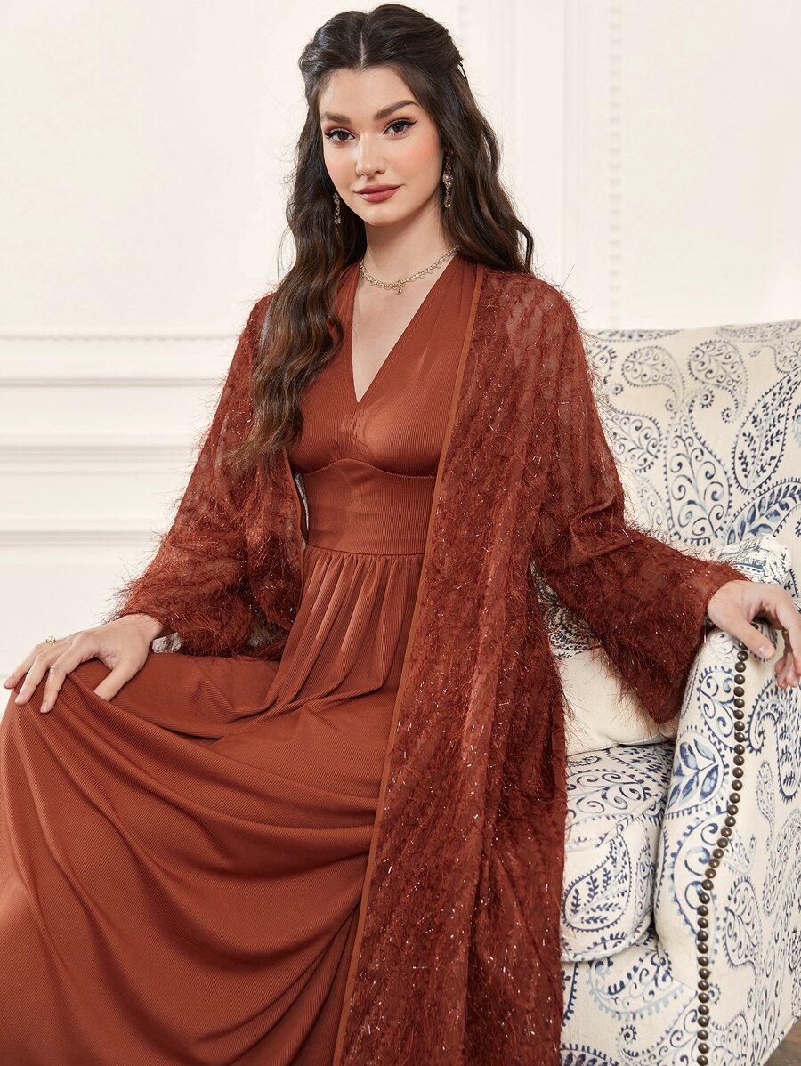 Modelyn Tie Back Halter Dress & Fuzzy Coat - Rust Brown - View 1