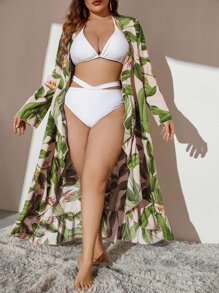 SHEIN Swim Curve 加上热带印花腰带和服，适合夏季海滩度假 - 彩色 - 查看 3
