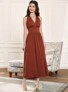 Modelyn Tie Back Halter Dress & Fuzzy Coat - Rust Brown - View 5