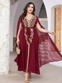 Al Najma Burgundy Red Plus Floral Embroidery Mesh Overlay Belted Dress - Burgundy - View 1