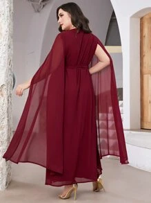 Al Najma Burgundy Red Plus Floral Embroidery Mesh Overlay Belted Dress - Burgundy - View 2