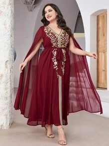 Al Najma Burgundy Red Plus Floral Embroidery Mesh Overlay Belted Dress - Burgundy - View 4