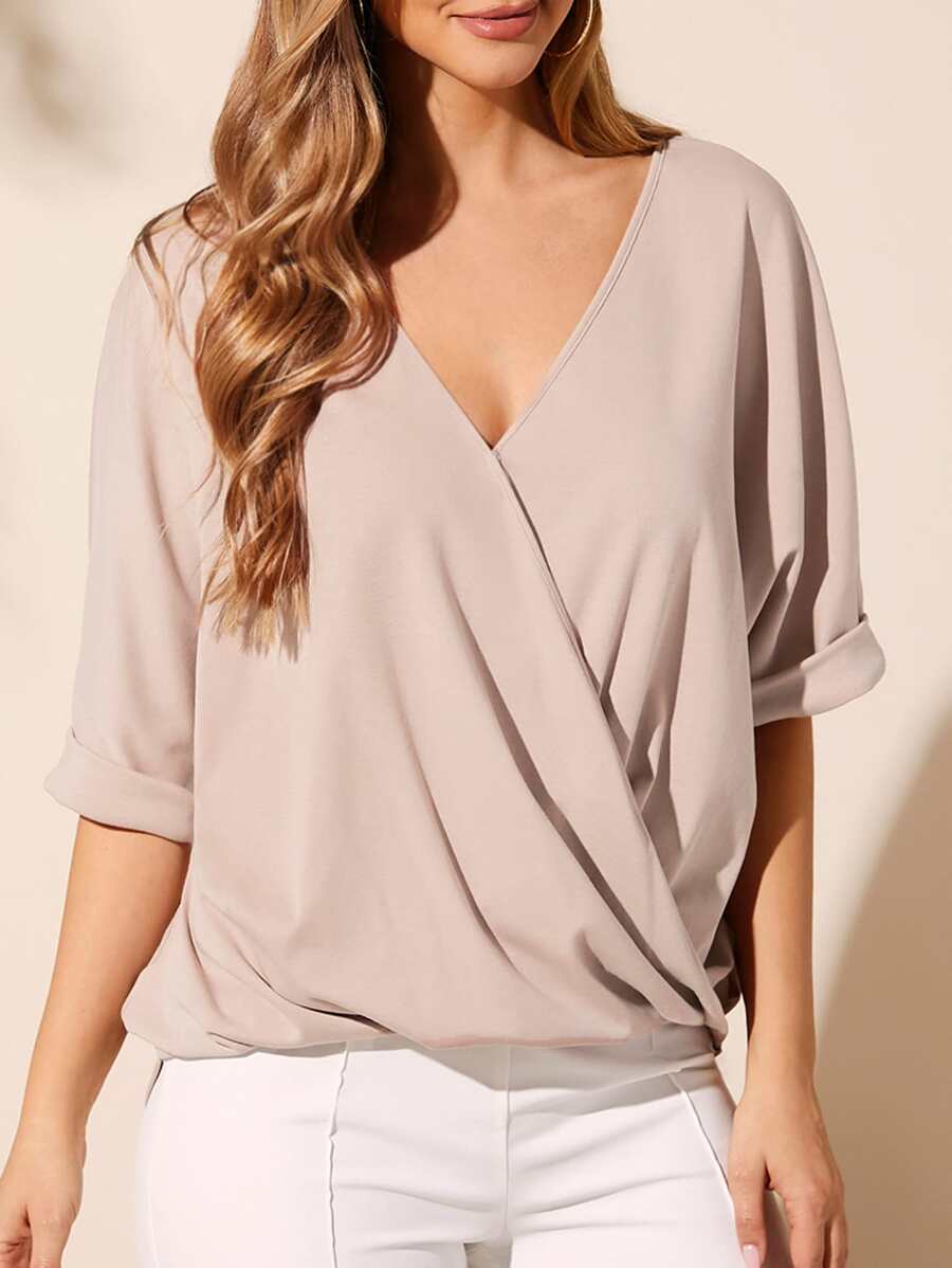 SHEIN Clasi Solid Surplice Neck Tee - Apricot - View 1