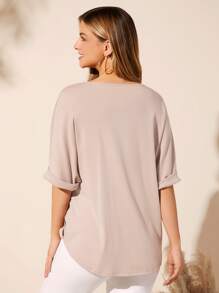 SHEIN Clasi Solid Surplice Neck Tee - Apricot - View 2