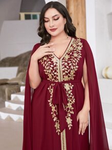 Al Najma Burgundy Red Plus Floral Embroidery Mesh Overlay Belted Dress - Burgundy - View 6