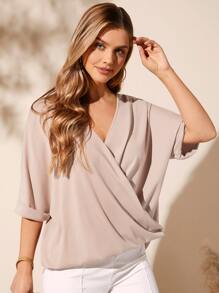 SHEIN Clasi Solid Surplice Neck Tee - Apricot - View 3