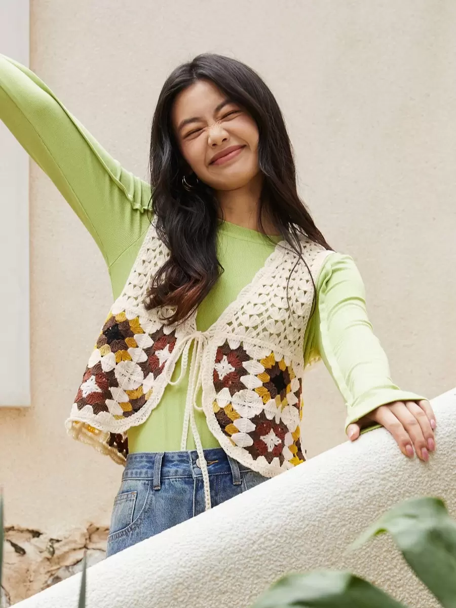 DAZY Floral Print Tie Front Top - Apricot - View 1