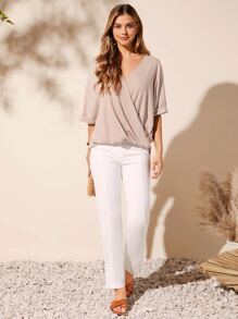SHEIN Clasi Solid Surplice Neck Tee - Apricot - View 5