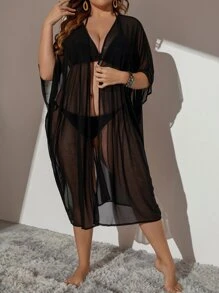SHEIN Swim Curve Plus Open Front Sheer Kimono Without Bikini - Black - View 1