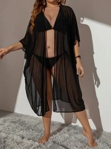 SHEIN Swim Curve Plus Open Front Sheer Kimono Without Bikini - Black - View 4
