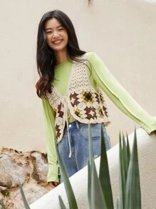 DAZY Floral Print Tie Front Top - Apricot - View 4