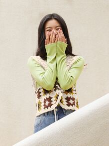 DAZY Floral Print Tie Front Top - Apricot - View 5