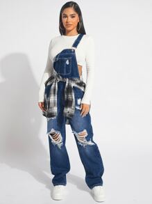 SHEIN SXY Ripped Denim Dungarees Without Top - Dark Wash - View 1