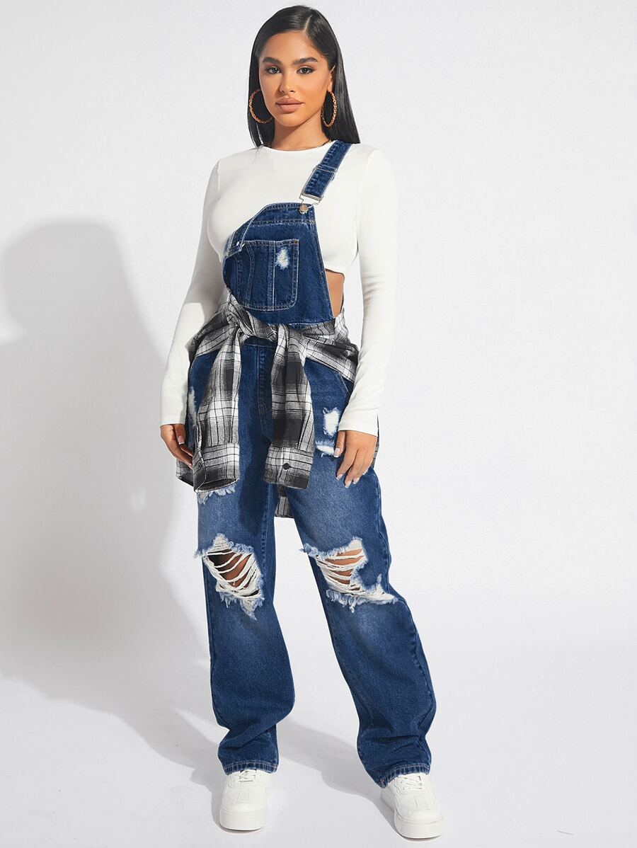 SHEIN SXY Ripped Denim Dungarees Without Top - Dark Wash - View 1