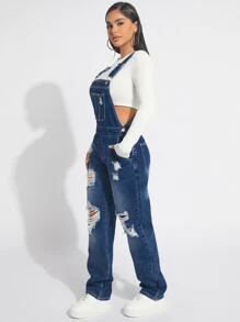 SHEIN SXY Ripped Denim Dungarees Without Top - Dark Wash - View 4