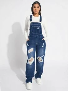 SHEIN SXY Ripped Denim Dungarees Without Top - Dark Wash - View 5