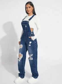 SHEIN SXY Ripped Denim Dungarees Without Top - Dark Wash - View 6