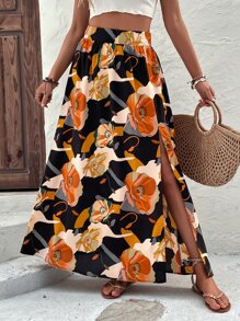 SHEIN VCAY Floral Print Split Hem Skirt - Black - View 4