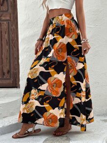 SHEIN VCAY Floral Print Split Hem Skirt - Black - View 5