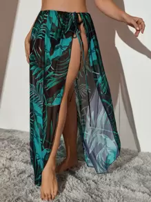 SHEIN Swim Curve Plus Tropical Print Knot Cover Up Skirt - Multicolor - View 1